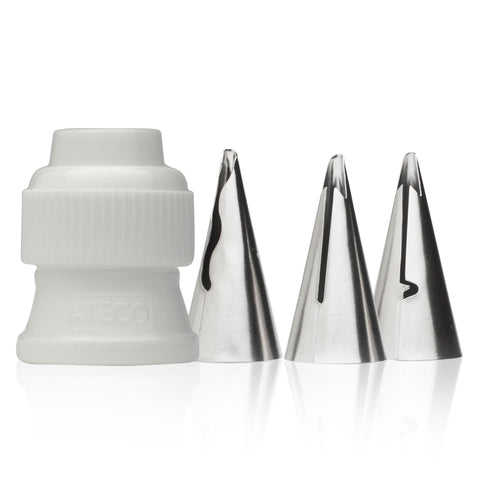Ateco - 4 Piece Ruffle Decorating Tube Set, Includes Stainless Steel Tips: 030, 040, 070 & One Standard Coupler