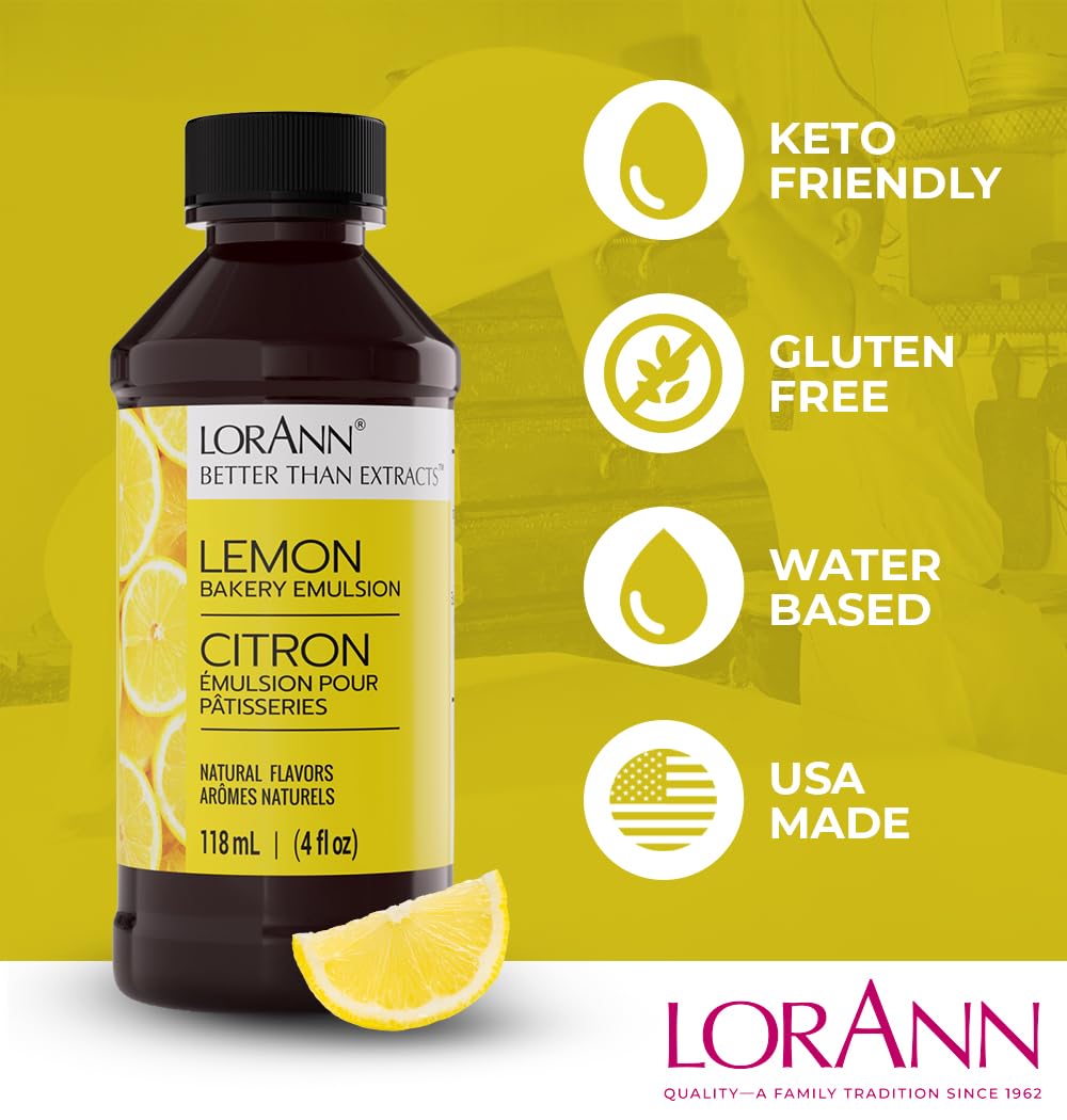 Lorann Oils Lemon Bakery Emulsion: Tangy Lemon Essence, Perfect for Amplifying Citrus Tones in Cakes, Cookies & Desserts, Gluten-Free, Keto-Friendly, Lemon Extract Alternative Essential