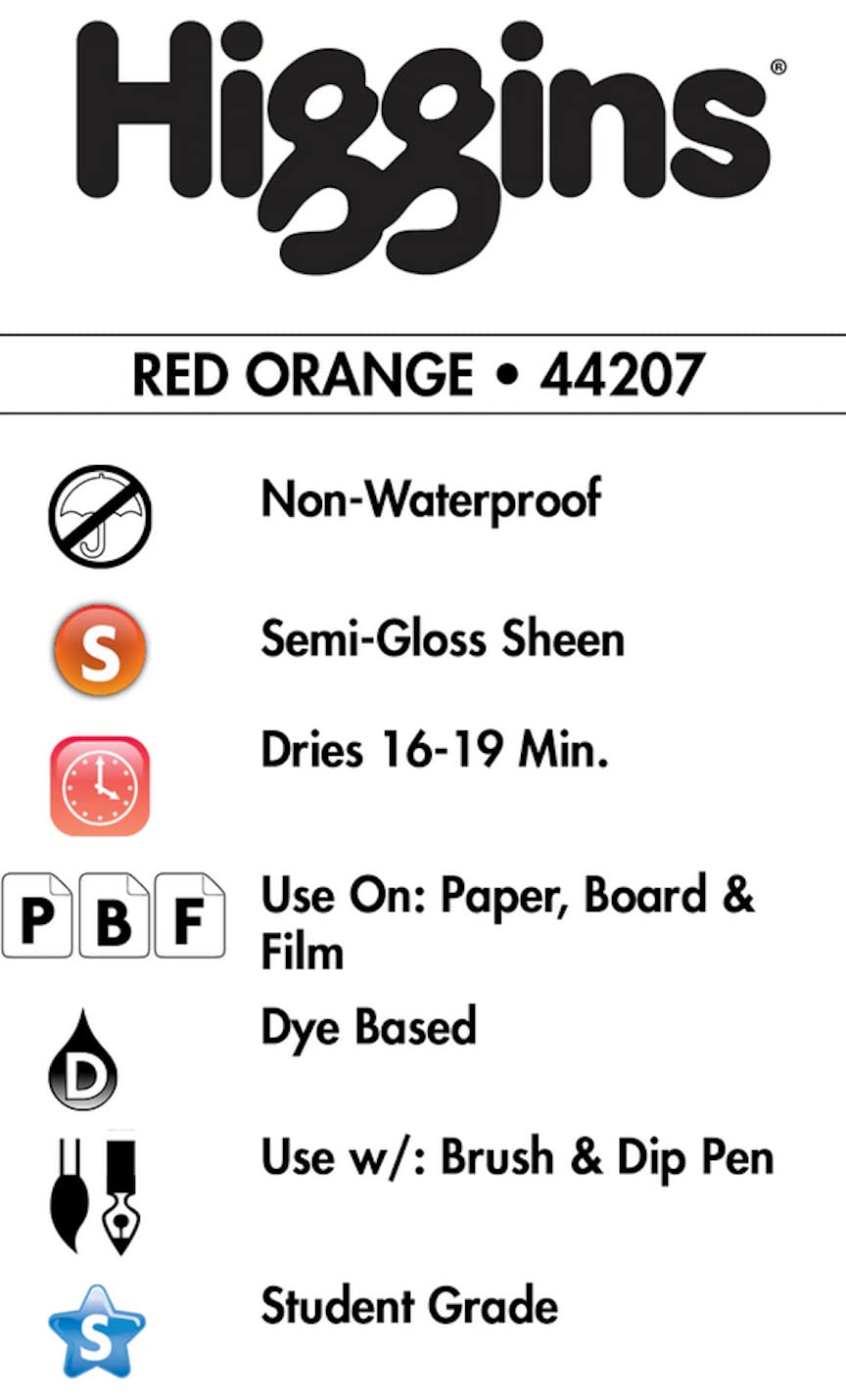 Higgins Dye-Based Drawing Ink, Red Orange, 1 Ounce Bottle (44207)