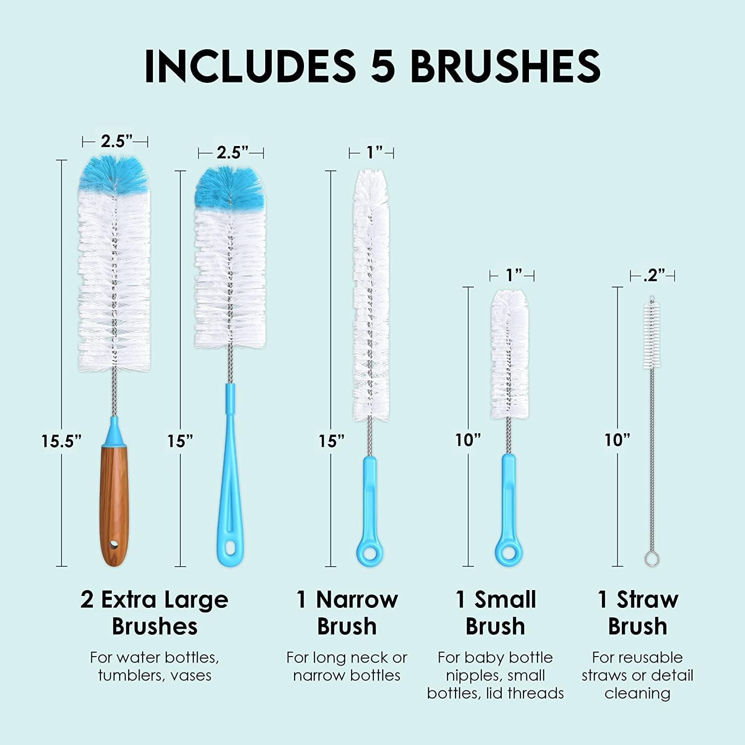 Turbo Microfiber Bottle Brush Cleaner Pack - Set of 5 Bottle Brushes for Cleaning Baby Bottles, Water Bottles, Tumblers, Wine Decanters, Flask, Bong, Vase Cleaner - One Straw Cleaner Brush
