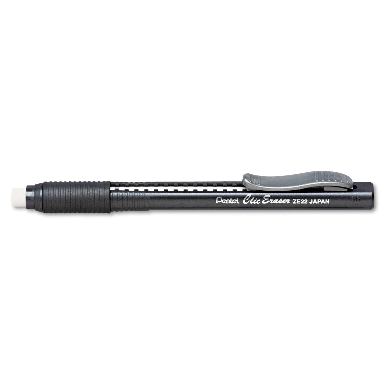 Pentel Clic Eraser, Retractable, Pocket Clip, Rubber Grip, Black Barrel (PENZE22A)