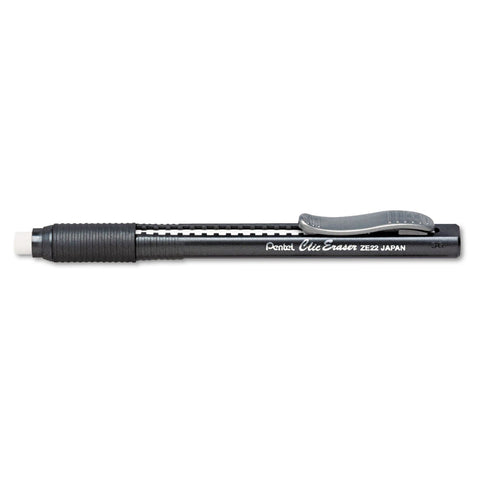 Pentel Clic Eraser, Retractable, Pocket Clip, Rubber Grip, Black Barrel (PENZE22A)