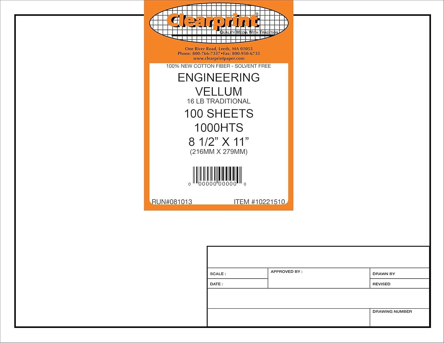 Clearprint 8-1/2" x 11" 1000H Design Vellum Sheets with Engineer Title Block, 16 lb., 100% Cotton, 100 Sheets Per Pack, 1 Each