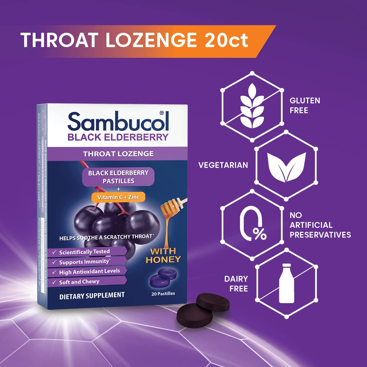 Sambucol Black Elderberry Throat Lozenge - Sore Throat Drops with Honey, Vitamin C & Zinc, Sore Throat Relief for Adults & Kids, Soothes Cough, Soft & Chewy - 60 Count, Pack of 3
