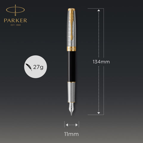 PARKER Sonnet Fountain Pen | Premium Metal and Black Gloss Finish with Gold Trim | Fine 18k Gold Nib with Black Ink Cartridge | Gift Box