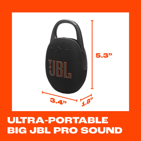 JBL Clip 5 - Ultra-Portable, Waterproof & Dustproof Bluetooth Speaker, Big JBL Pro Sound with Punchy bass, Integrated Carabiner, Up to 12 Hours of Play, Made in Part with Recycled Materials (Black)