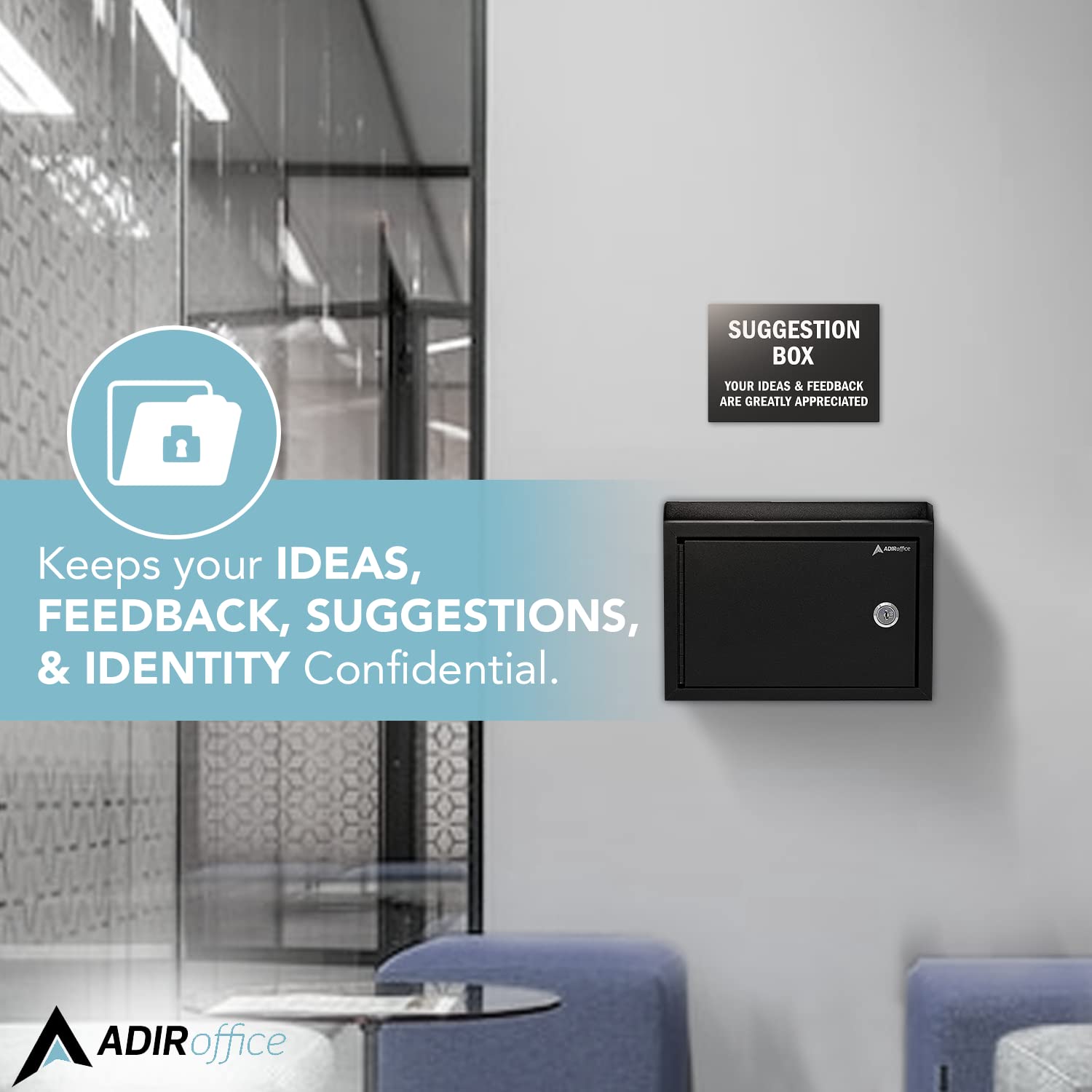 Adir Suggestion Box with Slot and Lock - Drop Box with Lock, Cash Dropbox - 9.8x7.5x3.4 Inches Wall Mount Donation Box - Metal Deposit Box in Black