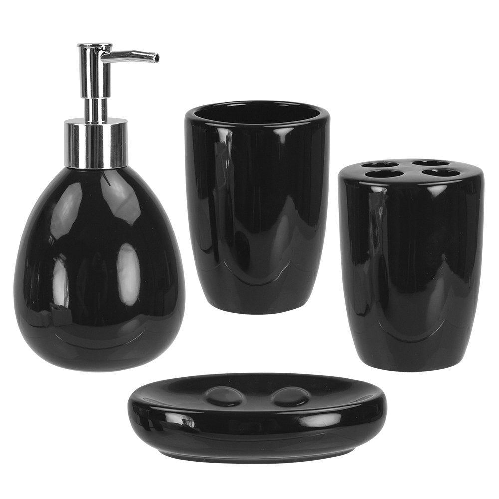 4-Piece Ceramic Bathroom Set (Black), By Home Basics | Contemporary Design Bathroom Accessory Sets | Accessories For Bathroom | Includes Soap Dish, Tumbler, Toothbrush Holder, and Lotion Dispenser