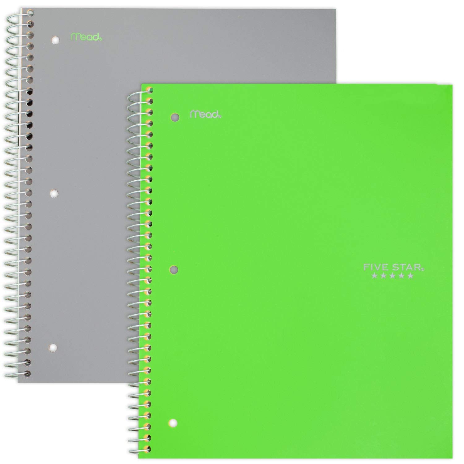 Five Star Spiral Notebooks, 3 Subject, Wide Ruled Paper, 150 Sheets, 10-1/2" x 8", Gray, Lime, 2 Pack (38429)