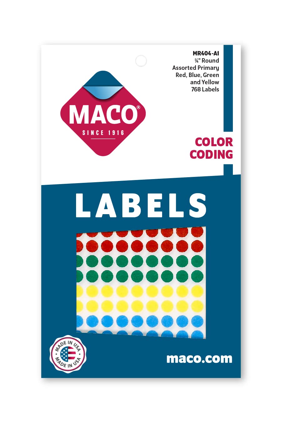 MACO Assorted Primary Round Color Coding Labels, 1/4 Inches in Diameter, 768 Per Box, Red/Blue/Yellow/Green (MR404-A1)