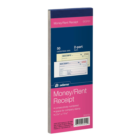 Adams Money and Rent Receipt Book, 2-Part, Carbonless, 2.75 x 7.19 Inch, 50 Sets, White and Canary (DC2701)