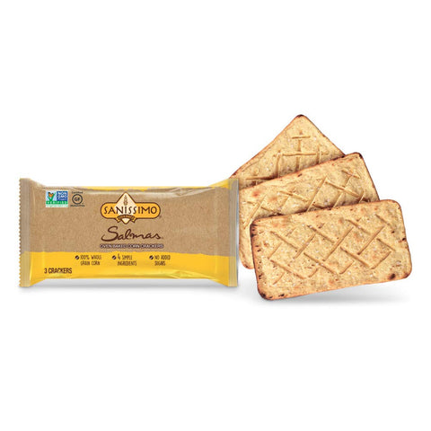 Sanissimo Salmas Oven Baked Corn Crackers, 100% Whole Grain Corn, Gluten Free, Non-GMO Project Verified, 8 Individually Wrapped Snack Packs (3 Crackers Each)