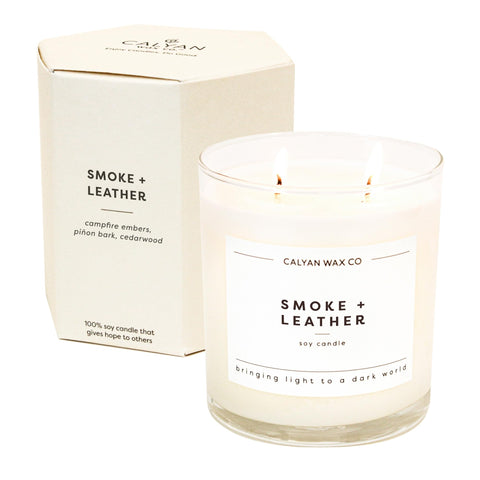 Calyan Wax Co. Smoke & Leather 2 Wick Scented Candle - 37 Hour Burn - Luxury Clean Soy Wax Candles - Long Lasting Large Glass Jar Candle for Home - 8.8oz