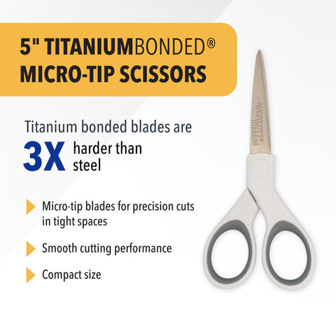 Westcott 5-Inch Micro-Tip Fabric Scissors with Titanium-Bonded Blades - Craft Scissors for Paper and Fabric, Sewing, and More