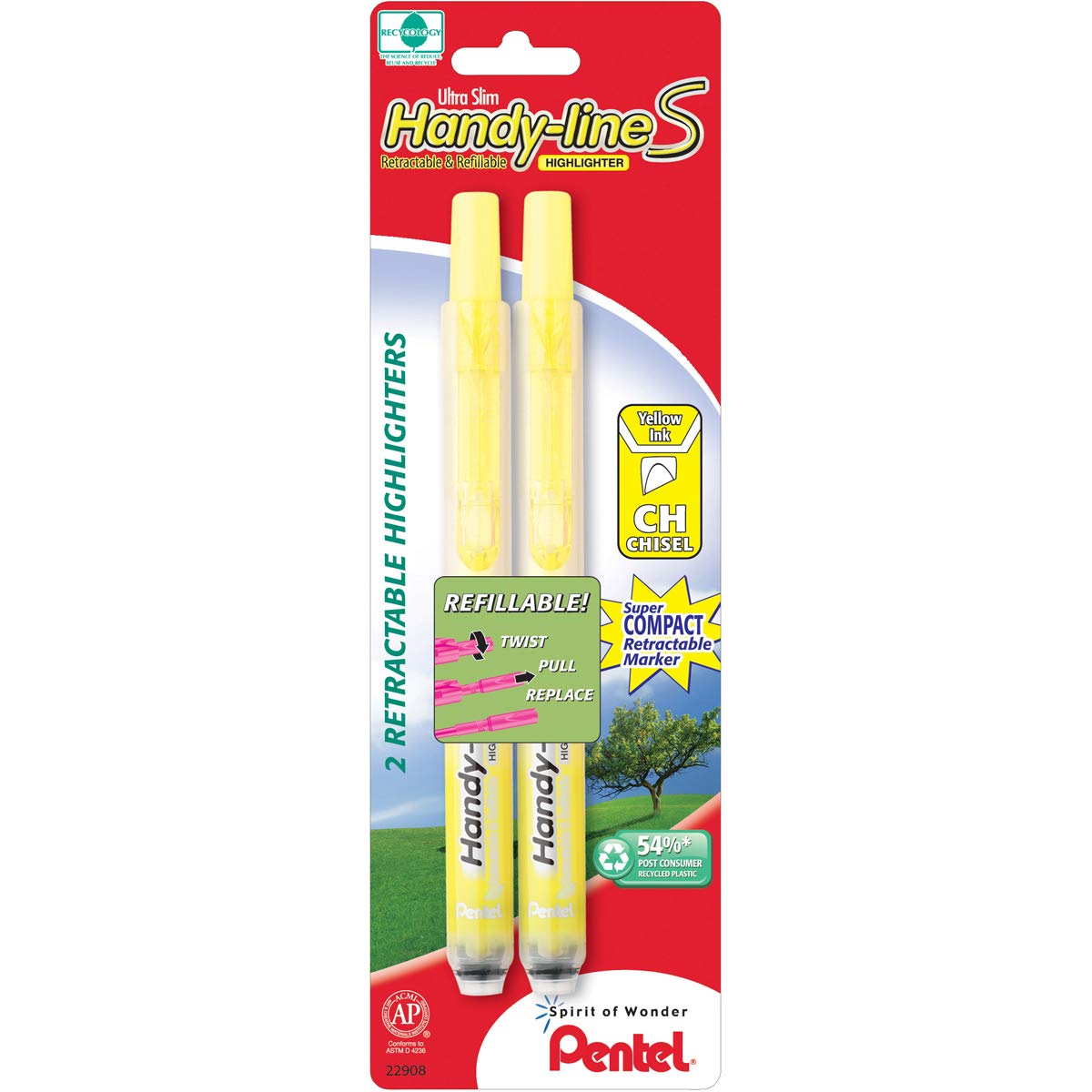Pentel Handy-Line S Retractable Highlighter, Chisel Tip, Yellow Ink, 2/ Pack (SXS15BP2G)