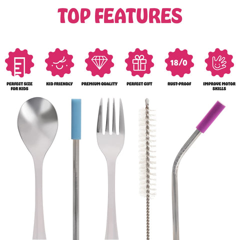 15-Piece Silverware Set - Stainless Steel Toddler Kids Utensils, 3 Forks, 3 Spoons, 4 Straws with Silicone Tips and Brush