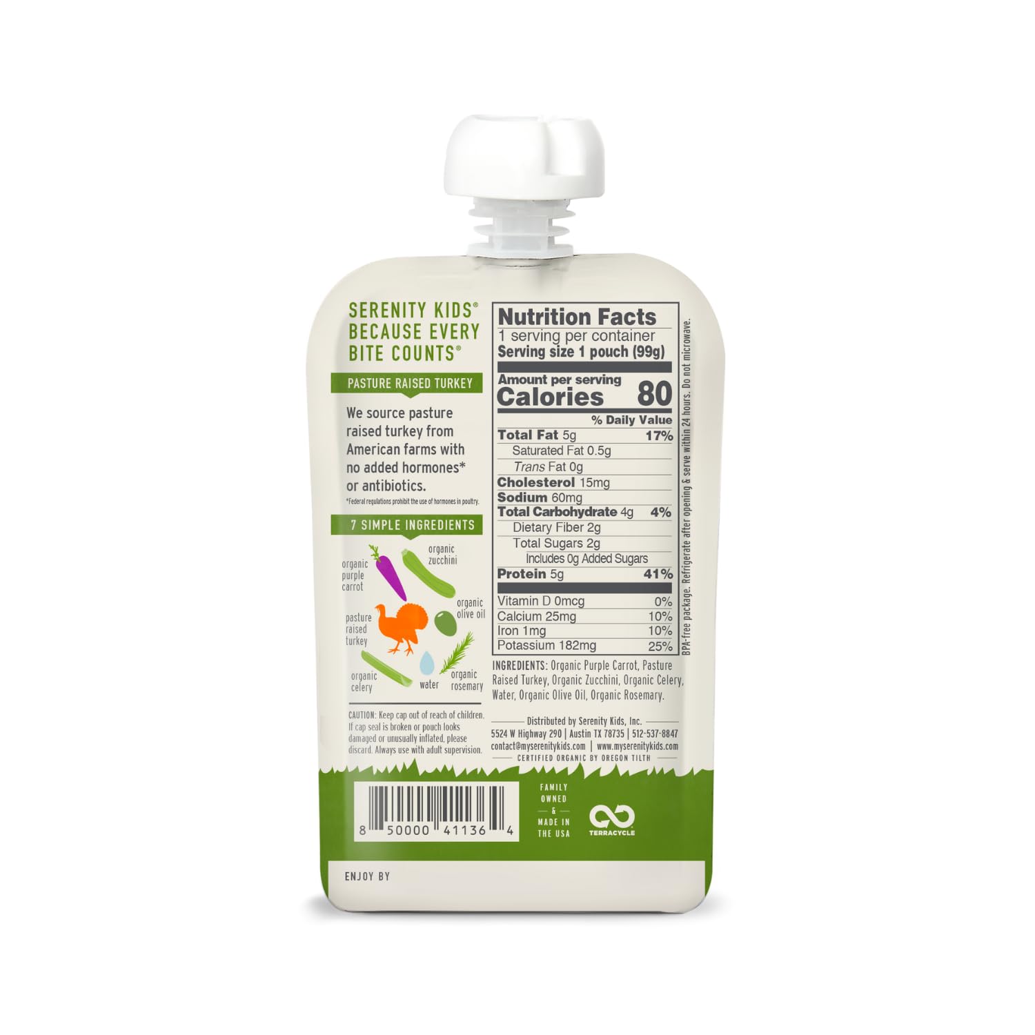 Serenity Kids 6+ Months Baby Food Pouches - Protein-Rich Turkey & Rosemary Pouch - Organic Carrots & Zucchini Blend - BPA-Free On-The-Go Baby Snacks - 3.5 Ounce, Pack of 1