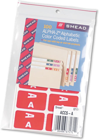 Smead AlphaZ ACCS Color-Coded Alphabetic Label, A, Label Sheet, Red, 100 per Pack (67171)