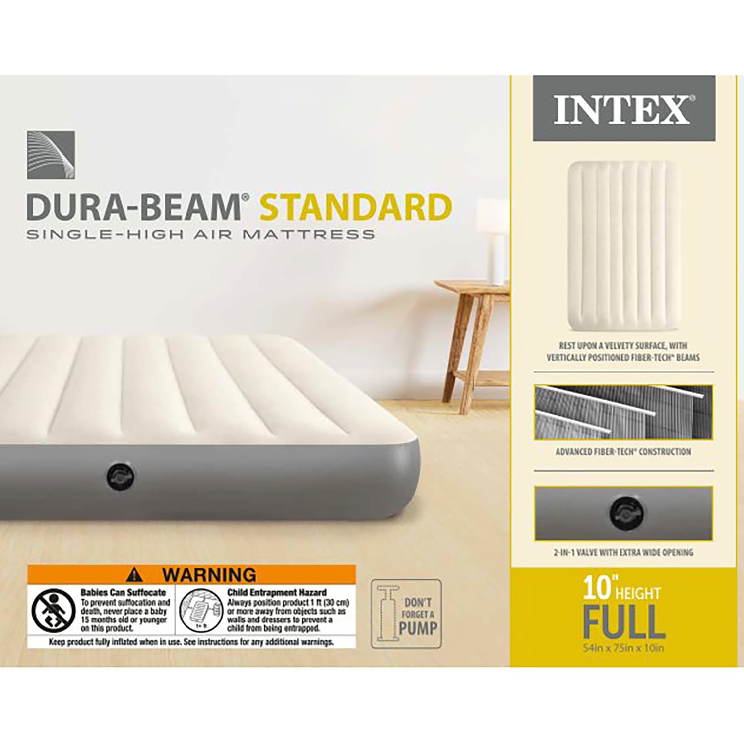 Intex 64102E Dura-Beam Standard Single-High Air Mattress: Fiber-Tech – Full Size – 10in Bed Height – 600lb Weight Capacity – Pump Sold Separately