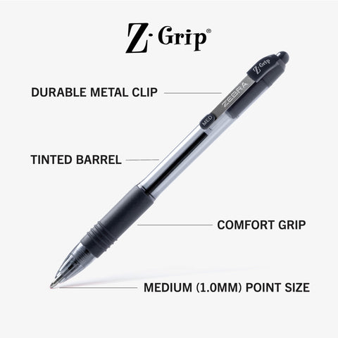 Zebra Pen Z-Grip Retractable Ballpoint Pen, Smooth-Flowing Black Ink, 1.0mm Medium Point, School & Office Supplies, Ideal for Note-Taking, Journal and Planner Use, 5-Pack (22215)