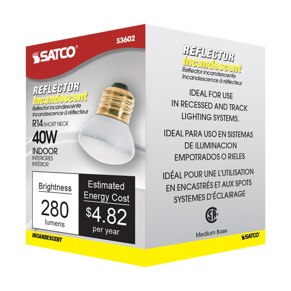 Satco 40R14 Incandescent Reflector, 40W E26 R14 Stubby, Clear Bulb