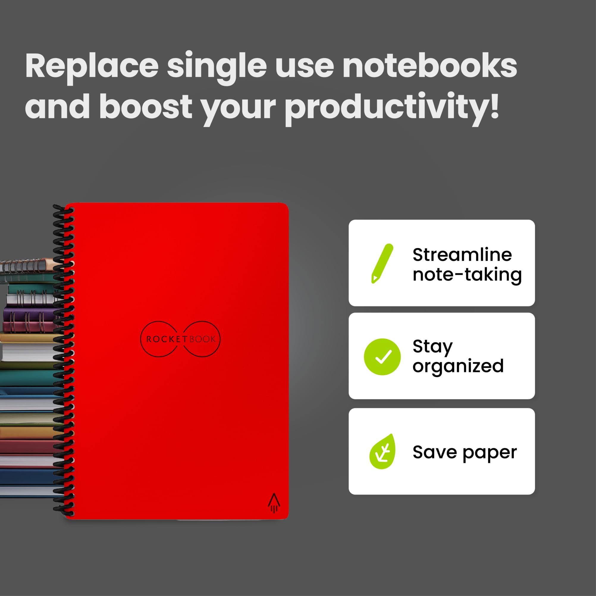 Rocketbook Core Reusable Spiral Notebook, Executive Size 6x8.8, Red - Dotted Pages, App-Connected, Erasable, Durable Cover, Ideal for School, Work, and Creative Projects