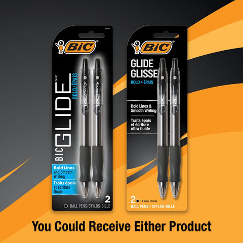BIC Glide Bold Black Ballpoint Pens, Bold Point (1.6mm), 2-Count Pack, Retractable Ballpoint Pens With Comfortable Full Grip