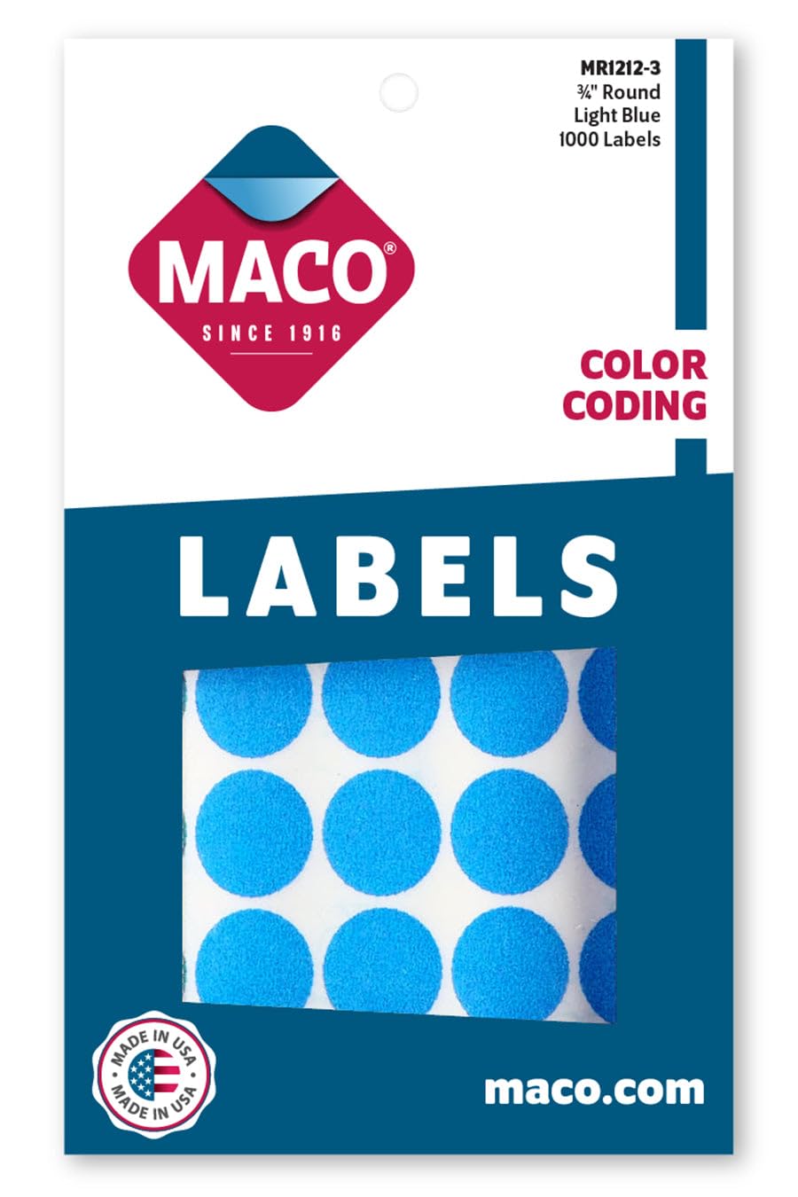 MACO Light Blue Round Color Coding Labels, 3/4 Inches in Diameter, 1000 Per Box (MR1212-3)