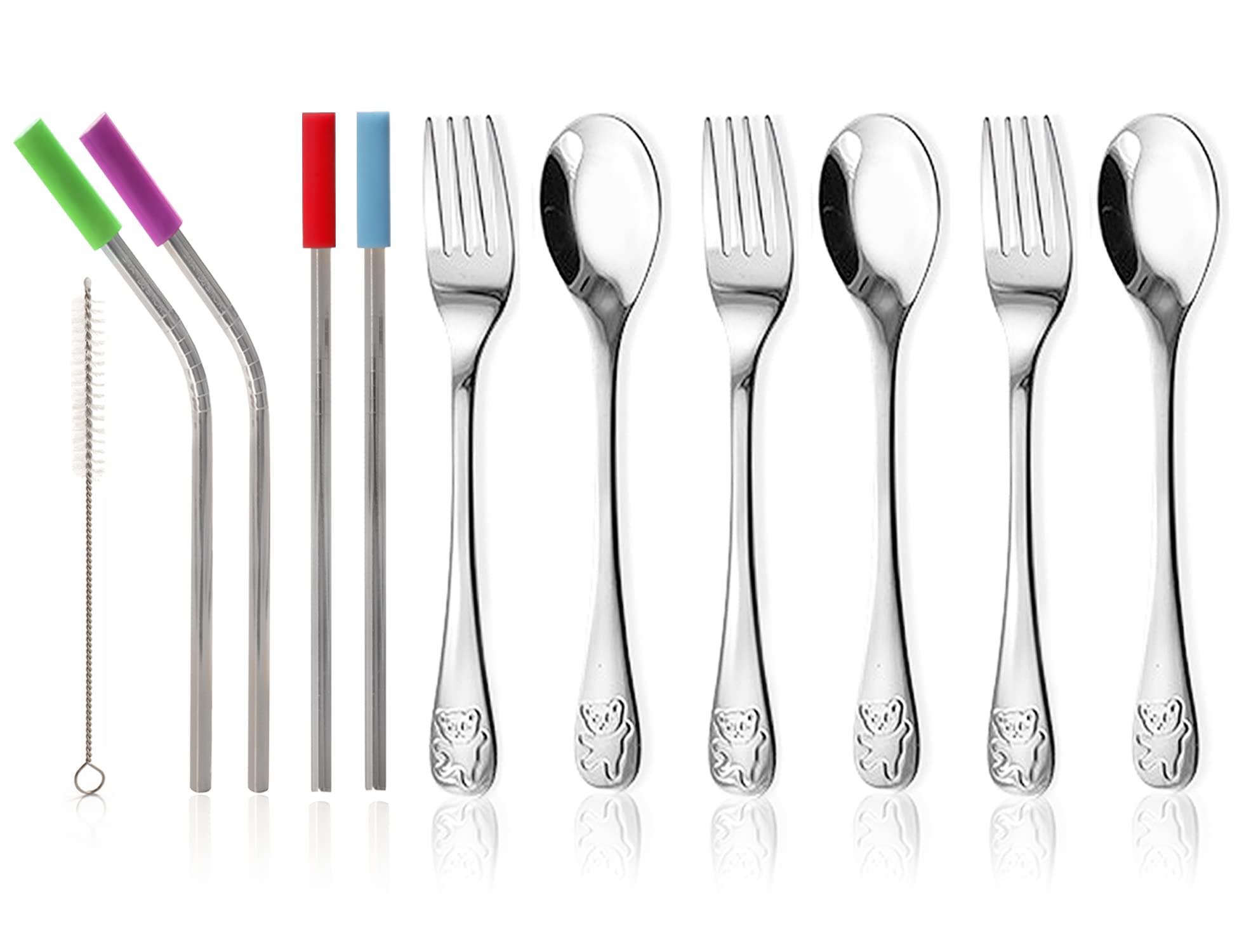 15-Piece Silverware Set - Stainless Steel Toddler Kids Utensils, 3 Forks, 3 Spoons, 4 Straws with Silicone Tips and Brush