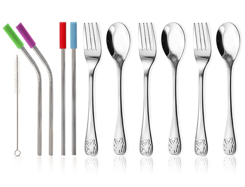 15-Piece Silverware Set - Stainless Steel Toddler Kids Utensils, 3 Forks, 3 Spoons, 4 Straws with Silicone Tips and Brush