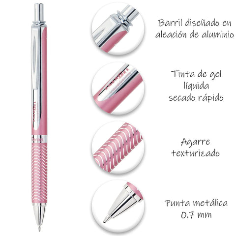 Pentel EnerGel Alloy RT Premium Liquid Gel Pen, (0.7mm), Medium Line, Pink Barrel, Black Ink (BL407P-A)
