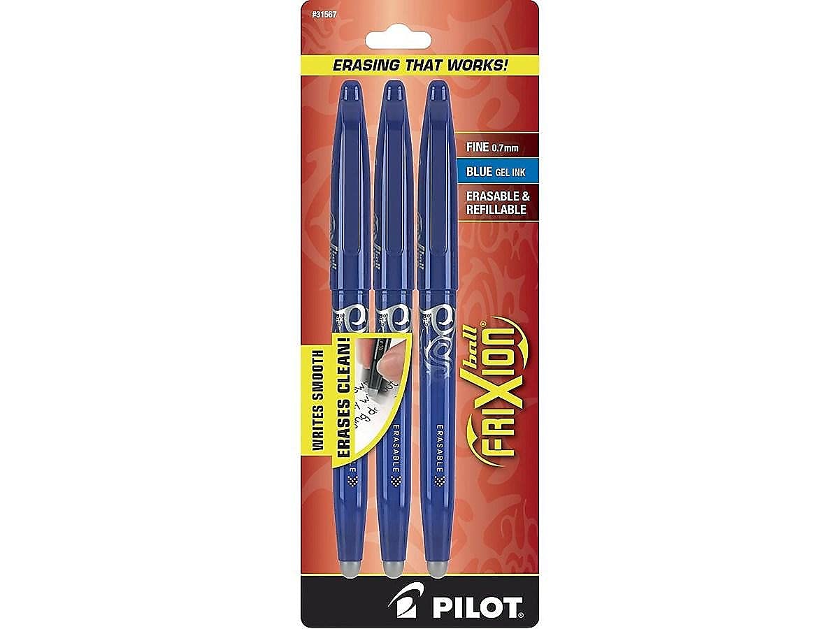 Pilot, FriXion Ball Erasable & Refillable Gel Ink Pens, Fine Point 0.7 mm, Pack of 3, Blue