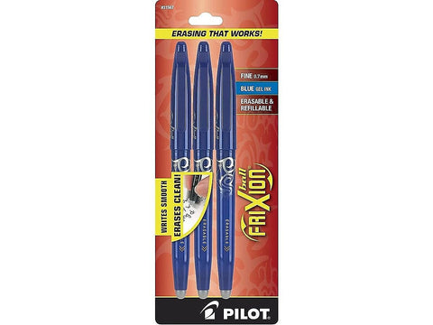 Pilot, FriXion Ball Erasable & Refillable Gel Ink Pens, Fine Point 0.7 mm, Pack of 3, Blue