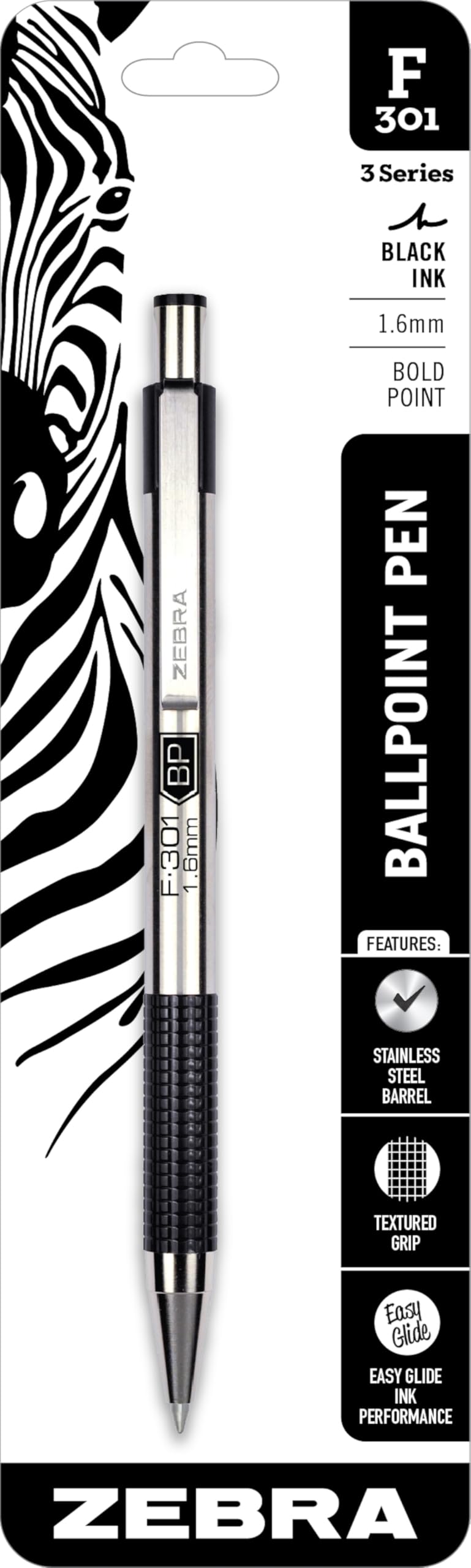 Zebra Pen F-301 Ballpoint Bold Point 1.6mm Stainless Steel Retractable Ballpoint 1-Pack – Easy-Glide Ink, Non-Slip Grip, Metal Clip, Refillable with F-Refill, Professional Design (27311)