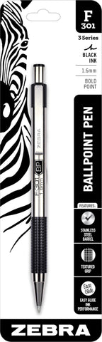 Zebra Pen F-301 Ballpoint Bold Point 1.6mm Stainless Steel Retractable Ballpoint 1-Pack – Easy-Glide Ink, Non-Slip Grip, Metal Clip, Refillable with F-Refill, Professional Design (27311)