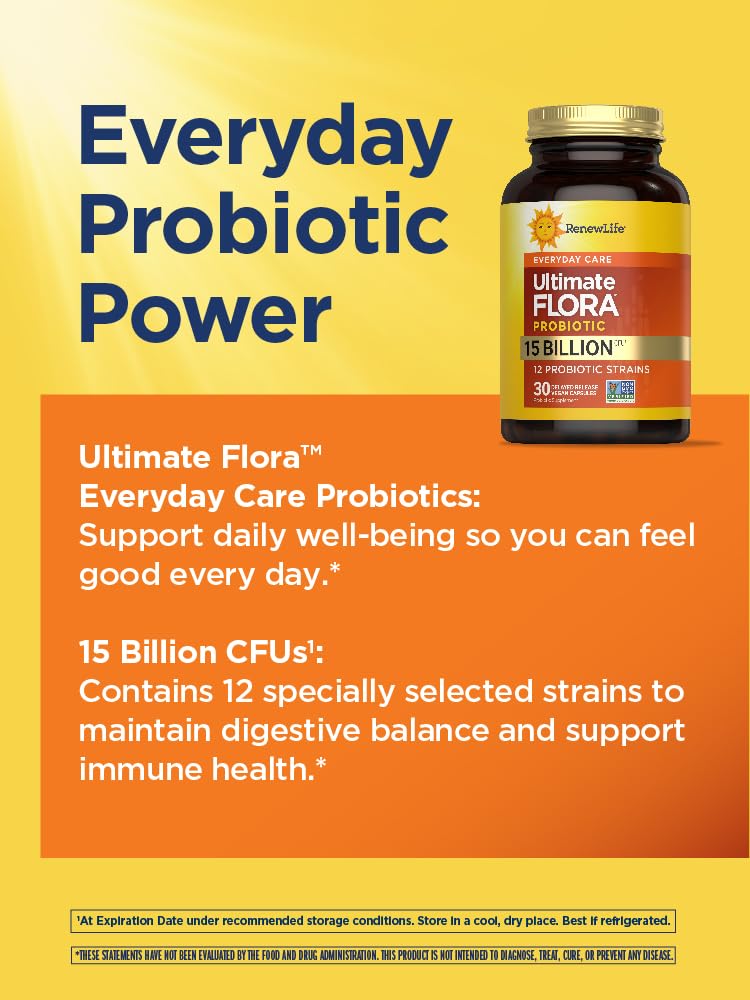 Renew Life Everyday Probiotic Capsules, Daily Supplement Supports Urinary, Digestive and Immune Health, L. Rhamnosus GG, Dairy, Soy and gluten-free, 15 Billion CFU, 30 Count