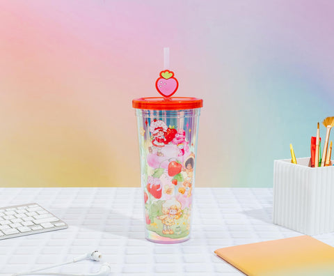 Silver Buffalo Care Bears and Strawberry Shortcake Featuring Cheer, Funshine, Friend, Orange Blossom, and Lemon Meringue Iridescent Plastic Cold Cup with Lid and Topper Straw, 24 Ounces