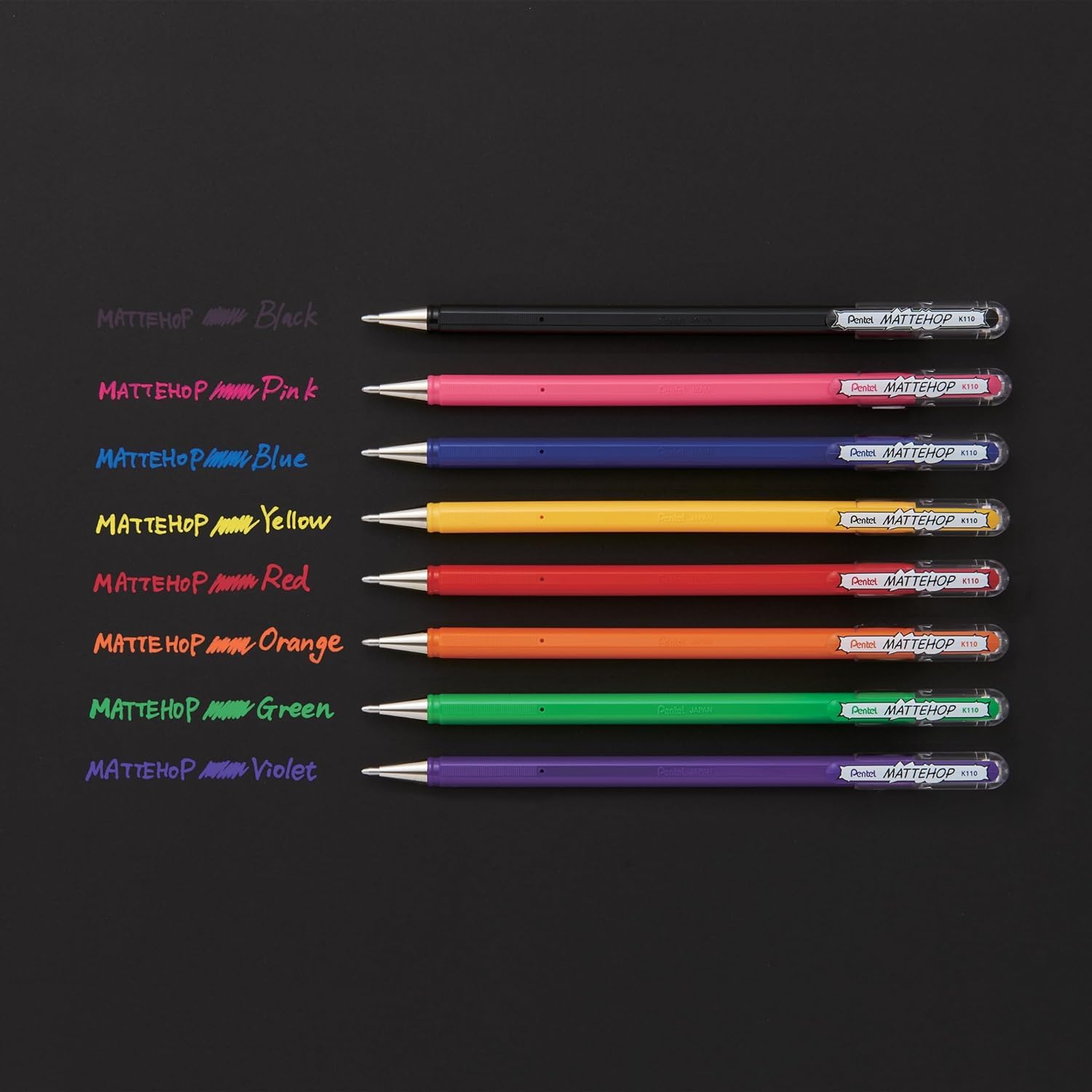 Pentel Arts Hybrid MATTEHOP Gel Roller, 1.0mm, Matte Black, Matte Red, Matte Blue, Matte Green, Pack of 4 Pens (K110VBP4M)
