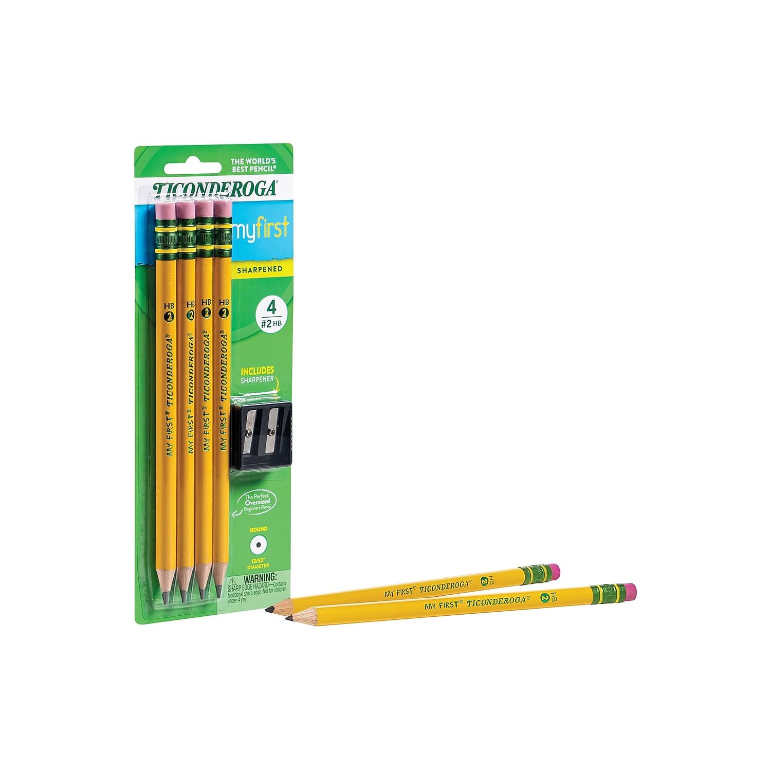 Ticonderoga My First Wood-Cased Pencils, Pre-Sharpened, 2 HB, With Sharpener, Yellow, 4 Count