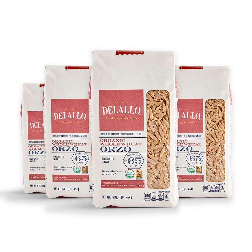 DeLallo Whole Wheat Orzo Pasta, 1 Pound Bag, 4 Pack, Organic, 100% Durum Wheat Flour, Made in Italy, High Protein