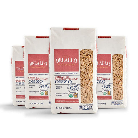 DeLallo Whole Wheat Orzo Pasta, 1 Pound Bag, 4 Pack, Organic, 100% Durum Wheat Flour, Made in Italy, High Protein