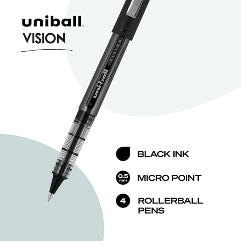 uniball Vision Rollerball Pens, Micro Point (0.5mm), Black, 4 Pack
