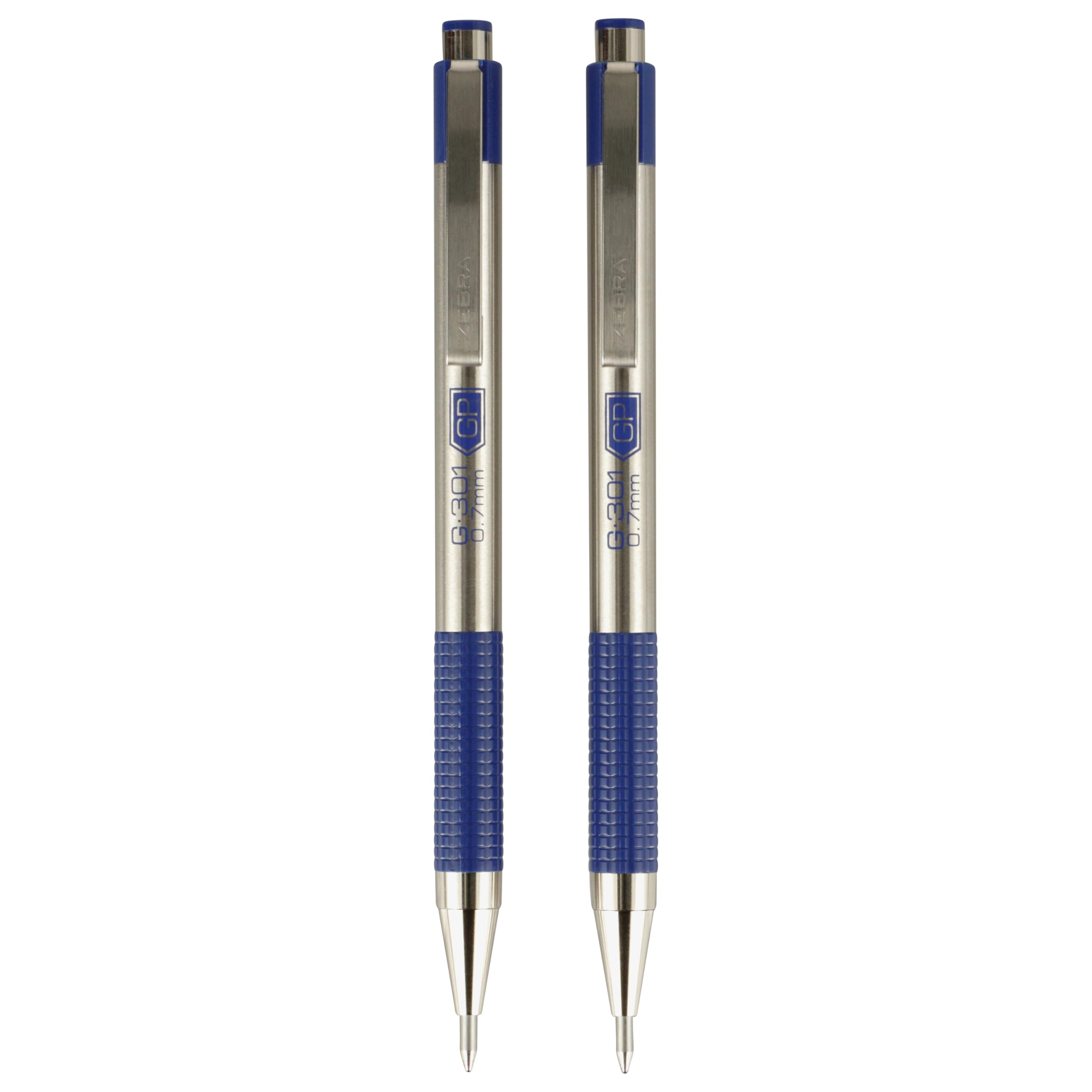 Zebra Pen G-301 Retractable Gel Pen, 0.7mm Medium Point, Stainless Steel Barrel, Textured Grip, Easy Glide Ink Provides a Smooth and Skipless Writing Experience, Blue Ink, 2-Pack (41322)