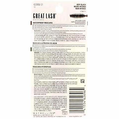 Maybelline Great Lash Waterproof Mascara, Very Black [111], 0.43 oz (Pack of 5)