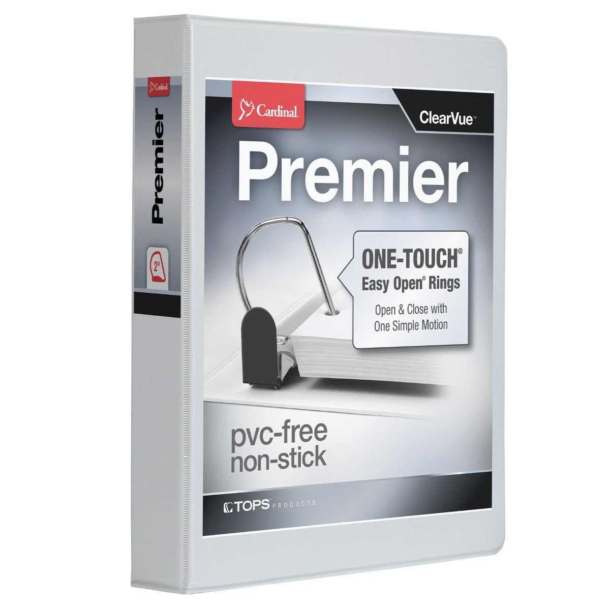Cardinal 3 Ring Binder, 2 Inch Premier Easy Open Binder, ONE-Touch Locking Slant-D Rings, 565-Sheet Capacity, ClearVue Cover, PVC-Free, White (10320)