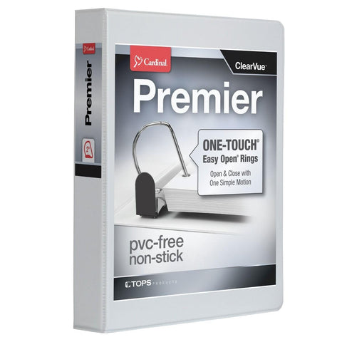 Cardinal 3 Ring Binder, 2 Inch Premier Easy Open Binder, ONE-Touch Locking Slant-D Rings, 565-Sheet Capacity, ClearVue Cover, PVC-Free, White (10320)