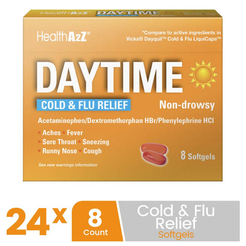 HealthA2Z® Daytime | Cold & Flu Medicine | Powerful Multi-Symptom Daytime Relief | 8 Count (Pack of 24) | 192 Softgels Total | Value Pack