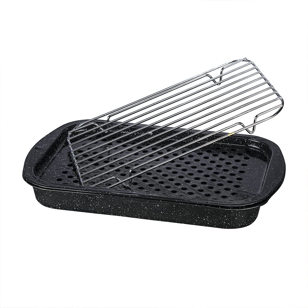 Granite Ware 3 piece multiuse set. Enameled steel bake, broiler pan, and grill with rack. Versatile for oven and direct fire cooking. Resists up to 932°F.