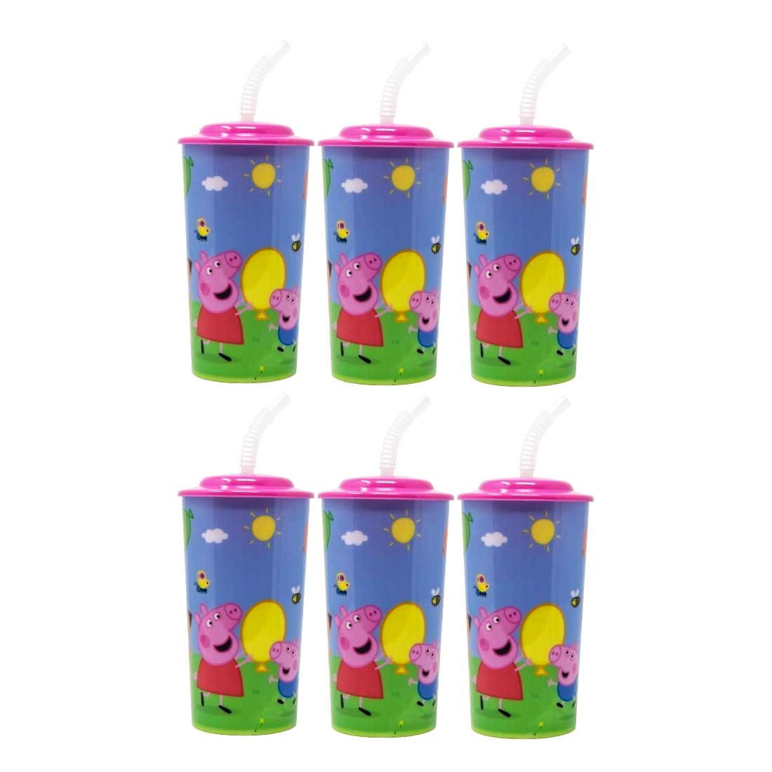Zak Designs 6-Pack Peppa Pig 16oz Reusable Sports Tumbler Drinking Cups with Lids & Straws