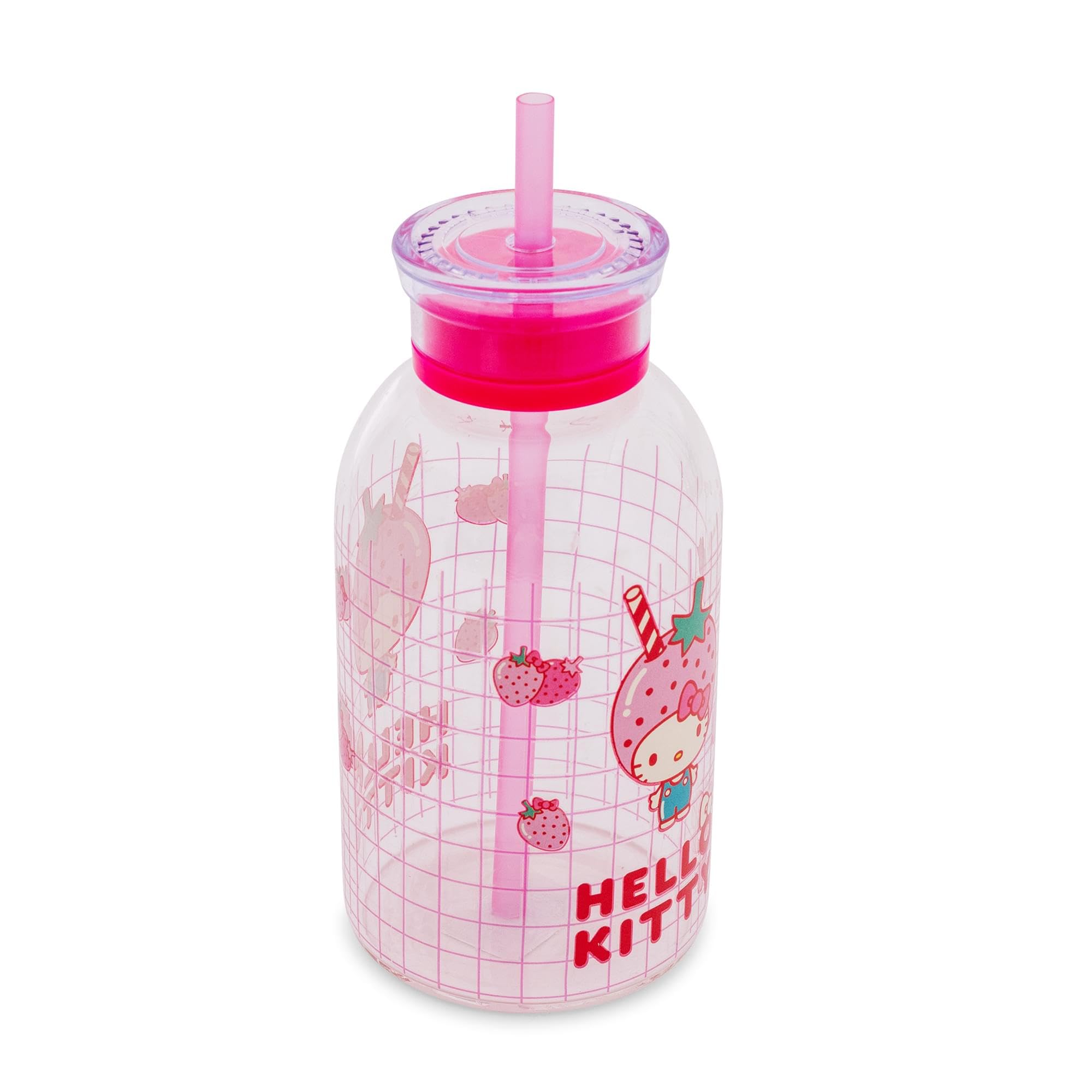 Silver Buffalo Sanrio Hello Kitty Strawberry Milk Grid Glass Milk Bottle with Straw, 15 Ounces